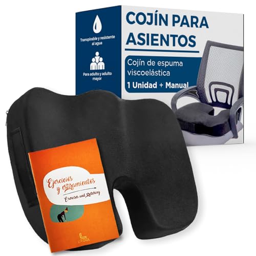 LIVOOL®️ Cojin Silla Oficina + Guia De Ejercicios y Estiramientos | Cojin antiescaras | Cojin Coxis viscoelástico y ergonomico.