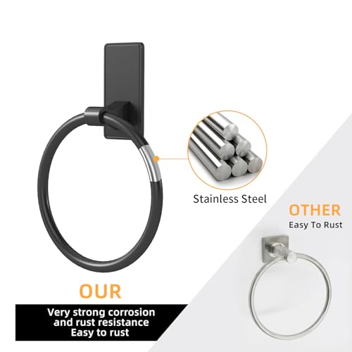 Image of Towel Ring, SUS304 Hand Towel Holder for Bathroom,Matte Black Towel Holder Bathroom Adhesive Towel Hanger for Bathroom, Kitchen, 2 Pack