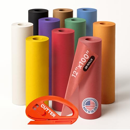 Image of Assorted Colors Kraft Paper with Cutter, Set of 10 Rolls 12 inchx1200 inch (100 ft) | USA-Made Natural Multi-Color Kraft Paper for Kids' Crafts, School & DIY Projects, Gift Wrapping by IDL Packaging