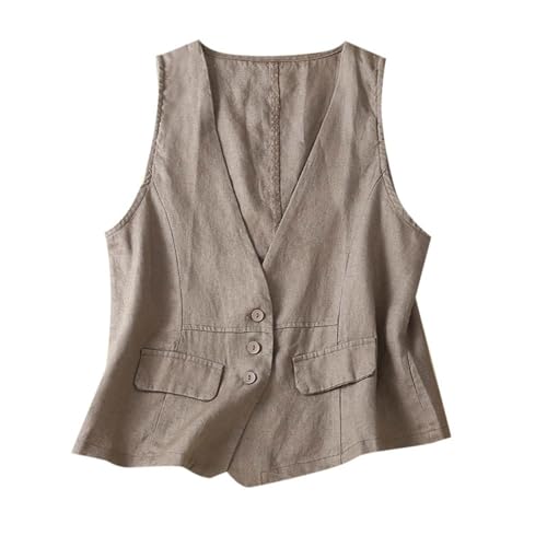 JiXiang Womens Vest Top Button Down Sleeveless V Neck Lightweight Business Jacket Waistcoat Linen Vintage Outerwear W/Pockets2