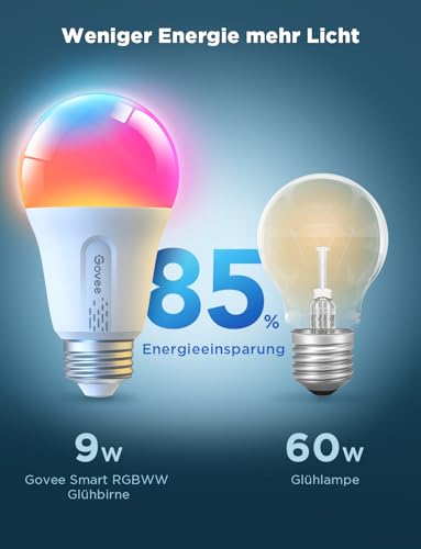 Govee Smart Glühbirne E27, 1000LM RGBWW Lamp App dimmbar, Wi-Fi & Bluetooth Smart Bulbs 9W, 54 Szenen, 16 Millionen DIY-Farben, Kompatibel mit SmartThings, Matter, Alexa und Google Assistant, 1 Stück