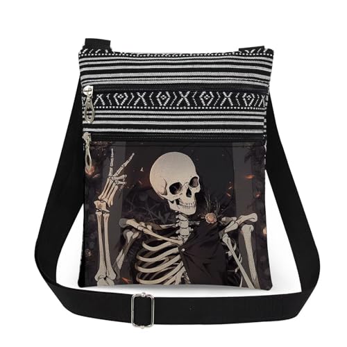 Gothic Skeleton Print Crossbody Bag Edgy Skeleton Messenger Bag Adult Adjustable Shoulder Strap Crossbody Purse Halloween Christmas Birthday Gift Travel Daily Use - Main Image