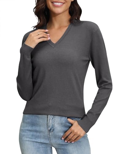 Image of EXCHIC Women's Long Sleeve V-Neck Casual Sweaters Fall Classic Soft Knit Top 2026 Fit Basic Pullover Tops