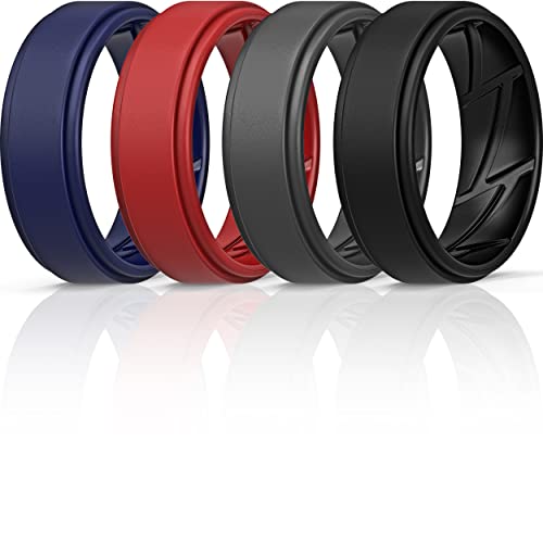 Image of ThunderFit Silicone Wedding Rings for Men Breathable Airflow Inner Grooves, Step Edge Sleek Design Rubber Engagement Bands 8mm Wide 2mm Thick, Variety Multipack 1-7