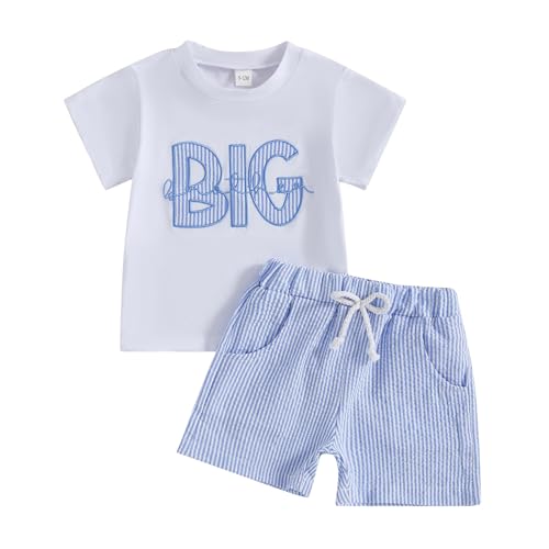 Toddler Infant Baby Boy Summer Outfit Letter Short Sleeve Elastic Stripes Shorts Brothers T-shirt 2Pcs Set