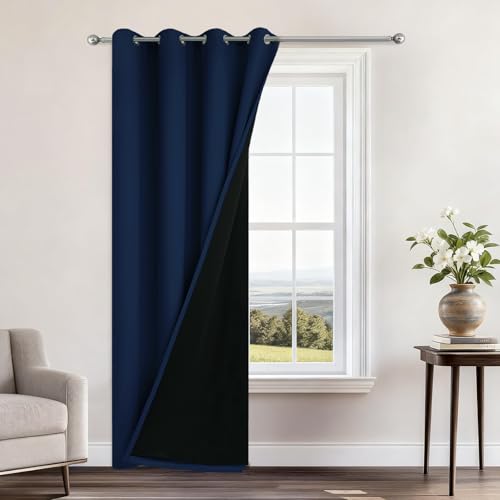 Image of Yakamok Navy Blue Blackout Curtains 84 inch Long for Bedroom 52 inch Wide 1 Panel | Blackout Curtain Panels for Bedroom, 2 Thick Layers Grommet Top Thermal Insulated Drapes with Black Liner for Living Room