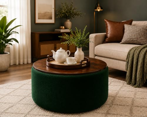 Image of Elegent Debe Round Coffee Table with Wooden Top, Storage Ottoman Tables for Living Room, Centre Tables,Farmhouse Wood Drum Coffee OttomanTable,Multipurpose Storage Ottomans - Green