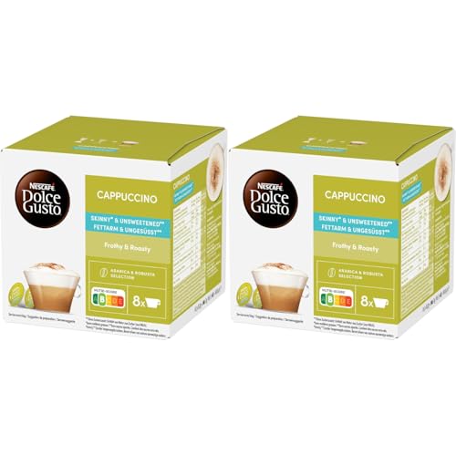 Image of Nescafe Dolce Gusto Cappuccino Skinny & Unsweetened Coffee Pods (Pack Of 2) By COUGAR | Frothy & Roasty Cappuccino | Low Fat, No Added Sugar | Arabica & Robusta Blend | Compatible with Dolce Gusto Machines | 8 Servings Pods 161.6g Box (Imported-USA)