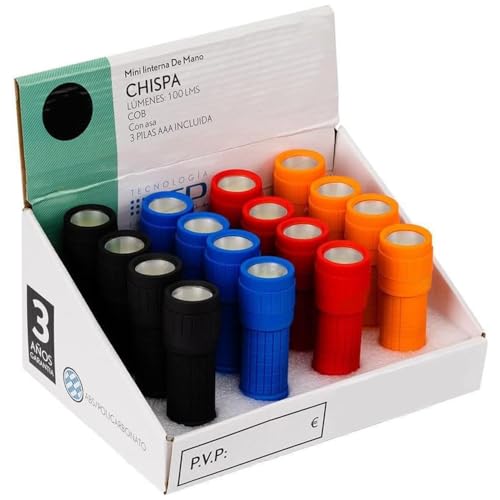 Mini linterna de mano Chispa LED COB, 100 lm, multicolores. Compacta (9,5x3x3 cm) y ligera. Funciona con 3 pilas AAA incluidas. Perfecta para iluminar cualquier lugar. ¡Llévala contigo!