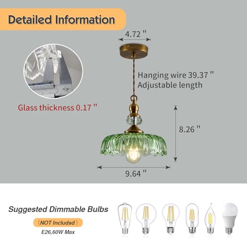 Image of CVKASH Vintage Glass Pendant Light Fixture Green Adjustable Chandelier Modern Gold Hanging Ceiling Light for Farmhouse Dining Room Living Room Bedroom Entryway Kitchen Island