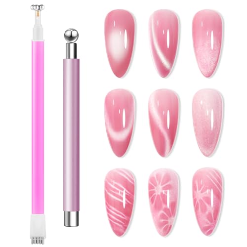 MelodySusie Nail Magnet Pink Set, Cat Eye Gel Nail Polish Magnets 2PCS, Double-head Magnet Wand with Round Magnet Bead and Magnetic Pen, Nail Design Tools for Salon and DIY at Home