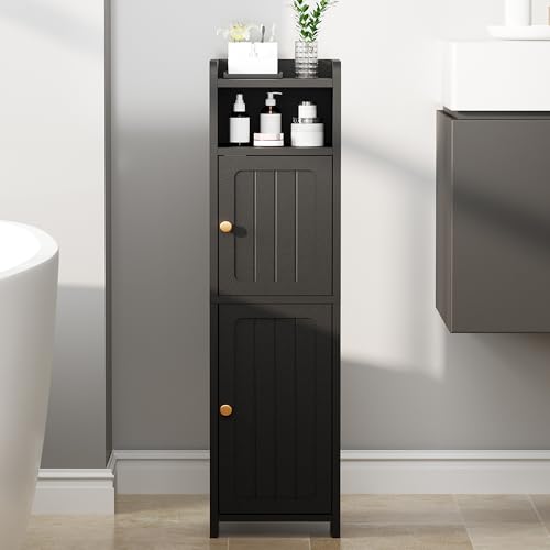 Image of BEWISHOME Small Bathroom Cabinet, Bathroom Storage Cabinet with Adjustable Shelves & 2 Doors, Narrow Toilet Paper Cabinets, 7.9" D x 7.9" W x 31.5" H, for Small Spaces, Black YYG03B