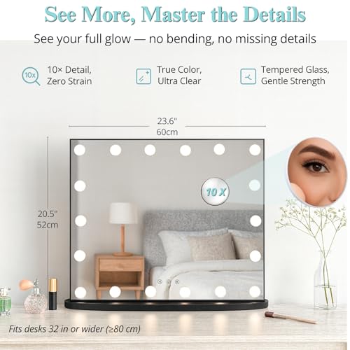 Image of LUXFURNI Vanity Mirror with Lights, 23.6 inch Hollywood Makeup Mirror Black | 18 Surround LED Bulbs, 360 Shadow-Free Lighting, 3 Color Modes, USB Charging, Tabletop & Wall Mount for Bedroom Dorm Desk