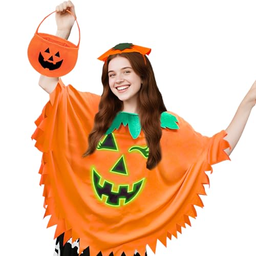 yisight Disfarce de abóbora para o Halloween, capa de poncho abóbora mulher Halloween, disfarce de abóbora unissexo com chapéu e bolsa de abóboras, capa luminosa, disfarces de carnaval para adultos