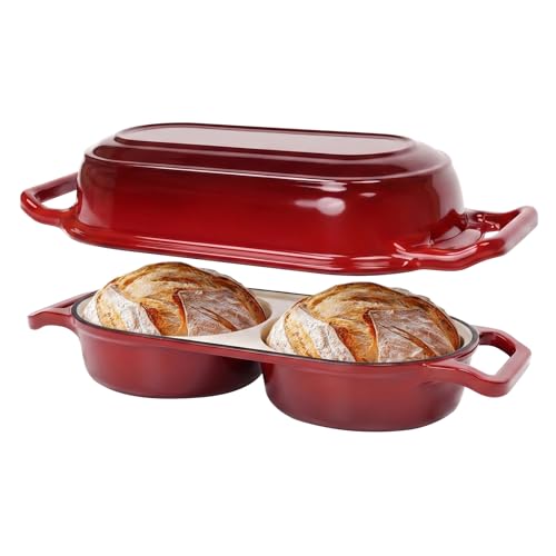 Image of Double Dutch Oven Pot with Lid, 2.2QT Enameled Cast Iron Bread Loaf Pan, Mini Dutch Oven For Sourdough Bread Baking, 500F Oven Safe Non Stick Dual Round Bread Pan, Bread Oven, 16.5cm Diameter, Red