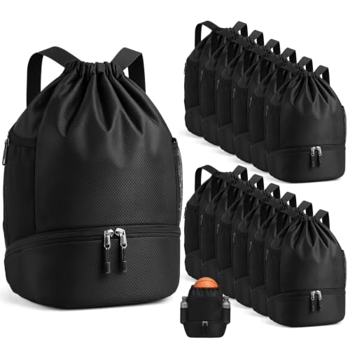 Image of 12 Pcs Gym Drawstring Backpack Bags Bulk with Shoe Compartment for Sports Wet Proof Pocket for Men Women Large (Black)