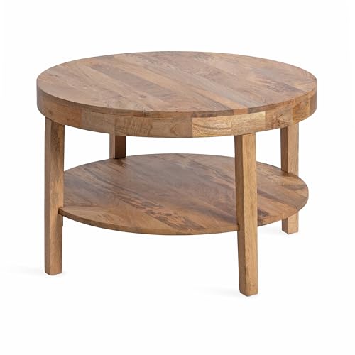 Kate and Laurel Talcott Tiered Modern Round Coffee Table, 28 x 28 x 18, Natural Wood, Transitional Two-Tier Circle Living Room Table with Storage and Mango Wood Construction
