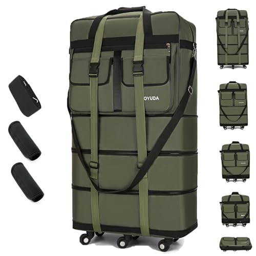 130L Expandable Luggage, 40 Inch Suitcase with Wheels, Collapsible Luggage with Wheels, Rolling Duffle Bag with wheels, Foldable Suitcasewith2Handle Wrap 2Fixing Straps 1Shoulder Strap (Green)