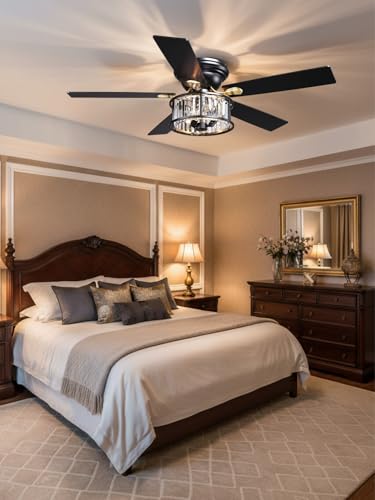Image of 52 inch Low Profile Flush Mount Crystal Chandelier Fan with Light