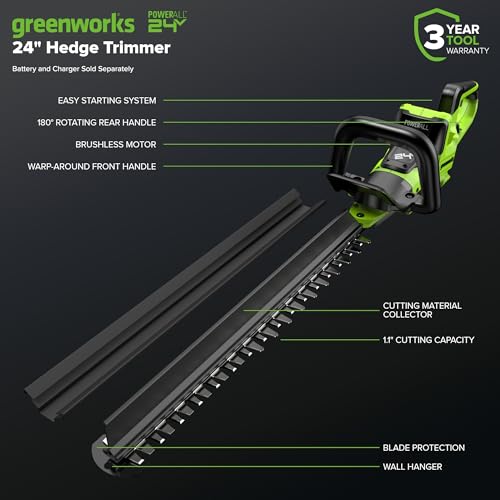 Image of Greenworks 24V 24 in Cordless Hedge Trimmer, Rotating Handle, Tool Only