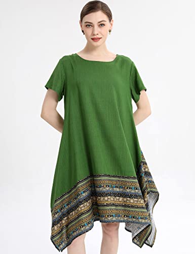 Minibee Women's Ethnic Cotton Linen Short Sleeves Irregular Tunic Dress (2Xl, Green) #TOP1