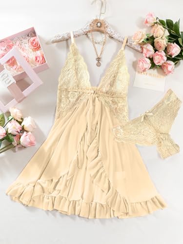 Image of Foxiny Sexy Open Front V Neck Ruffle Sheer Mesh Lace Wireless Babydoll Lingerie Dress with Thong 2 Piece