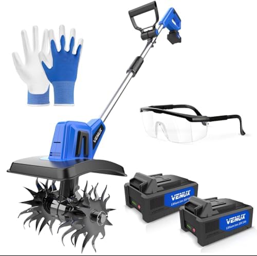 VENUX 20V Cordless Tiller Cultivator Electric Garden Tiller- 2 Batteries 4.0AH Included, 48 Steel Anti-Rust Tines 360RMP Tilling 9-in Width & 6.6-in Depth, Safety Gloves & Glasses Included