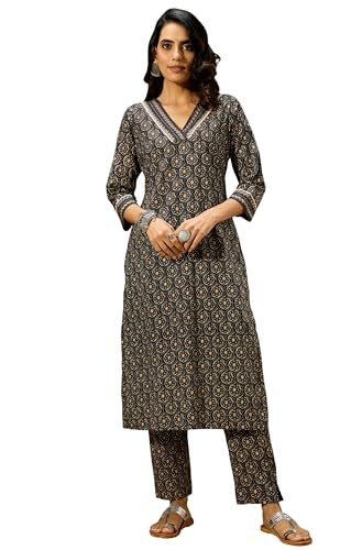 Image of Janasya Women's Black Pure Cotton Ethnic Motifs Printed Straight Kurta Pant Set