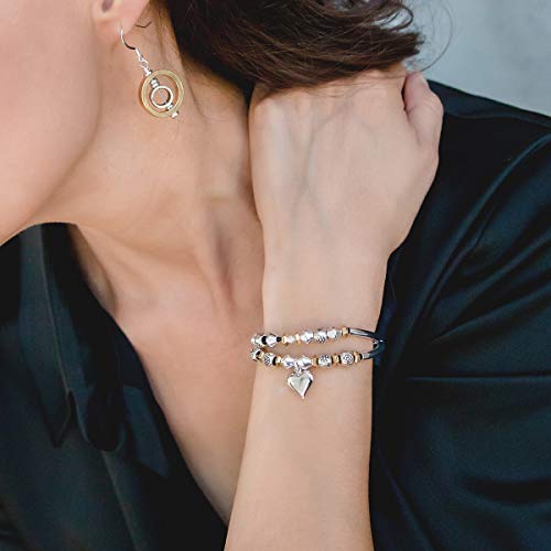 Lizzy James Devotion Adjustable Silver Plated & Double Strand Black Leather Charm Bracelet W Silver Heart Charm #TOP2