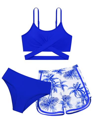 Image of Girl's 3 Piece Bikini Set Cross Strap Swimsuits for Girls Bathing Suit with Shorts Teen Swimwear Swimming Suit