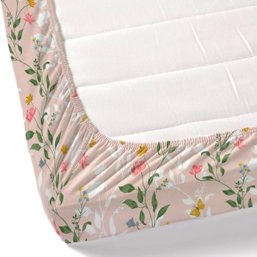 Image of Haus & Kinder Elastic Fitted Bedsheet for Queen Size Bed | 186 TC Bed Sheet Double Bed Elastic Fitted Cotton with 2 Pillow Covers (50x78x10 Inches) - Blush Vineyard