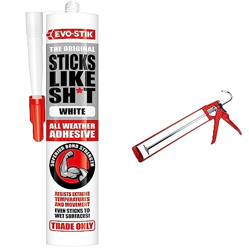 Image of EVO-STIK Sticks Like Sh*t Adhesive, All Weather, Extreme Temperature & Movement Resistant, Colour: White, Size: 290ml & ProDec MG11ES Extra Strong Skeleton Caulking Gun, Red,400ml and 310ml