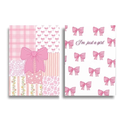 Image of A5 Unruled Soft Cover Diary For Girls - Pack of 2 | 95 GSM Thick Paper, 40 Sheets (80 Pages) | Pink Patchwork Bow Design & I'm Just a Girl Bow Pattern | Cute Journals for Writing & Sketching