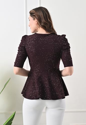 Image of Women's Glitter Peplum Top with Keyhole Neck | Puff Sleeve Top