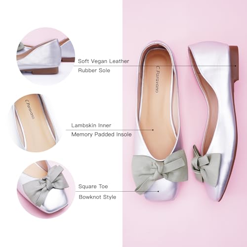 Image of C.Paravano Flats for Women | Ballet Flats | Square Toe | Dressy Casual Shoe | Ballerina Flats, Bow Slip-On, Lambskin Leather Insole, Memory Foam, Low Heel, Office Work,Fashion & Classic & Chic