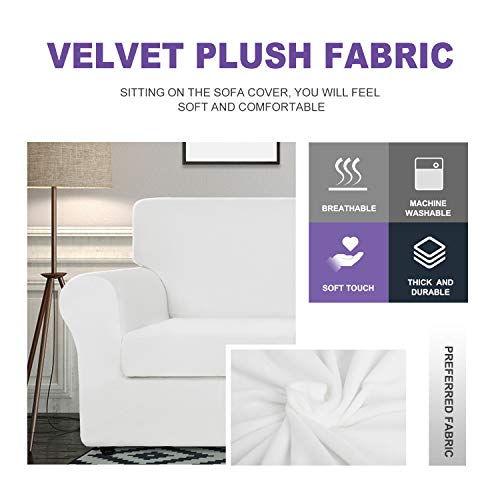 Znsayotx Luxury Velvet Couch Cover 3 Piece Stretch Sofa Covers For 2 Cushion Couch Soft Loveseat Slipcover Living Room Anti Slip Dogs Pet Love Seat Furnitre Protector (White), 55"-69"(2 Cushions) #TOP2