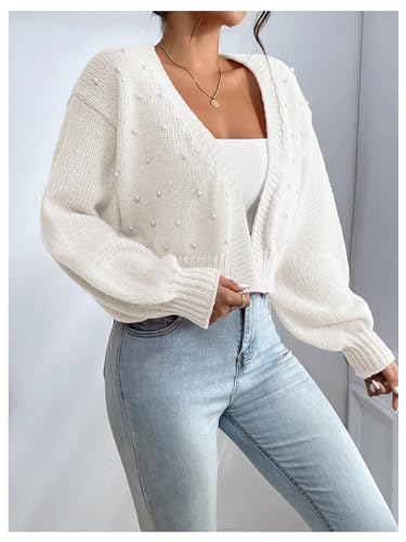 SHENHE Women's Pearl Beaded Open Front V Neck Drop Shoulder Cropped Cardigan Sweater4