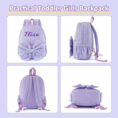 Image of 12inch Daycare Backpack Personalized Small Backpack with Name | Purple Kids Backpacks for Age 1-3,Lightweight Quilted Fabric,Large Front Pocket with Bow,Padded Shoulder Strap,Custom Gift