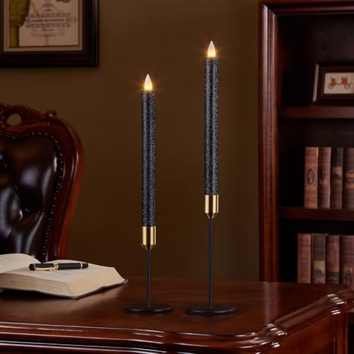 Image of Flameless Taper Candles Flickering with Remote and Timer, 3D Moving Flame Taper Candle Battery Operated to 400 Hours, 9 Inch Window Candles, (Glitter Black)