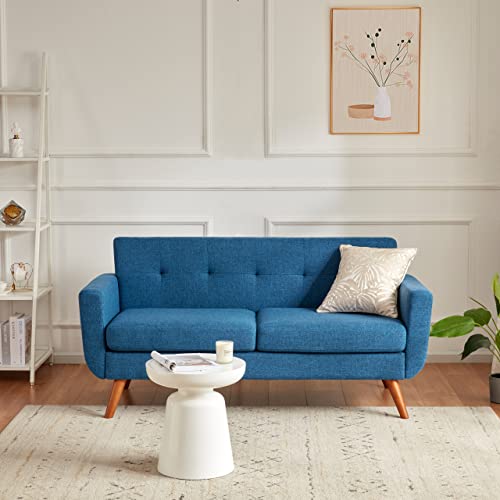 Tbfit 65" W Loveseat Sofa, Mid Century Modern Decor Love Seat Sofas And Couches For Living Room, Button Tufted Upholstered Small Couch For Bedroom, Solid And Easy To Install Love Seats Furniture, Blue #TOP3