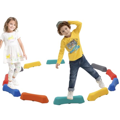 Balancebalken Schwebebalken für Kinder mit 12 Bunte Stapelsteine Balanciersteine ，Balance Board Kinder Motorik & Koordination