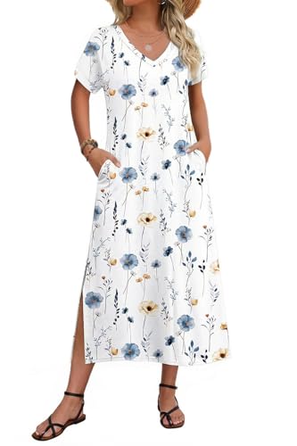 Image of Zeagoo Women Summer Floral Dress Short Sleeve Beach Dress with Pockets Casual V-Neck Split Long T-Shirt Dress Travel Vacation