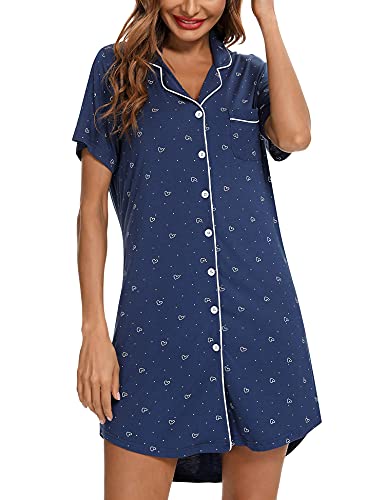 Image of Samring Pajama Nightgown for Women Short Sleeve Button Down Boyfriend Night Gown Nightdress Sleep Shirts