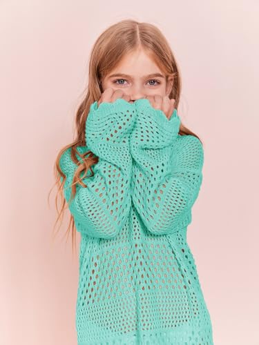 Image of Batermoon Girls Crochet Long Sleeve Swimsuit Cover Up Kids Fashion Hollow Out Swimwear Beach Dress 5-14 Years