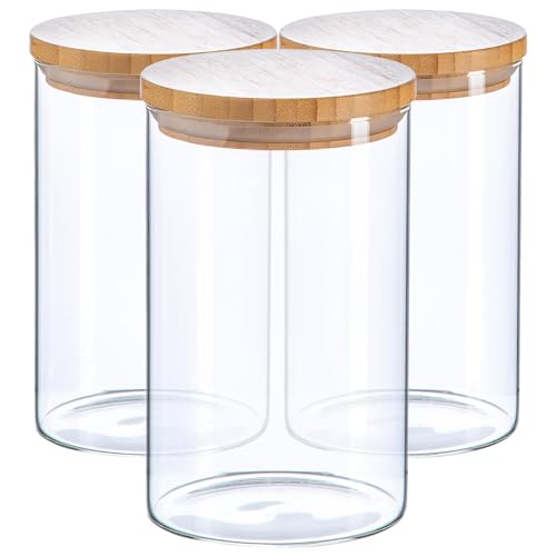 Argon Tableware Scandi Storage Jars with Wooden Lids - 1000ml - 3 Pack - Modern Round Organisation Container Glass Jar for Kitchens, Pantry, Bathrooms, Utility Rooms