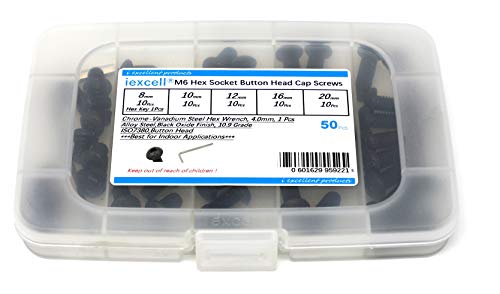 iexcell 50 Pcs M6 x 8/10/12/16/20 Alloy Steel 10.9 Grade Hex Socket Button Head Cap Screws Bolts Assortment Kit, Black Oxide Finish