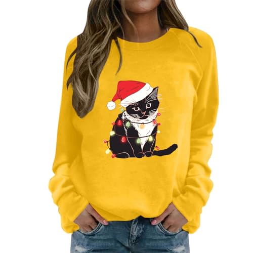 Weihnachts Sweatshirt Damen Ohne Kapuze Weihnachtspullover mit Katzen Drucken Weihnachtspulli Langarm Ugly Christmas Sweater Rundhals Elegante Oberteile Warme Langarmshirt