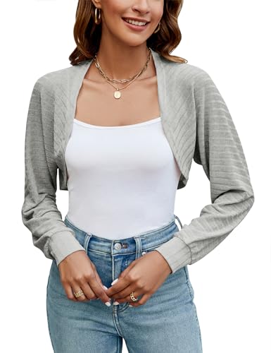Ivicoer IV203185DC01876_GR_M Women'S Long Sleeve Open Front Cropped Cardigan Lightweight Bolero Shrug Sweater cover