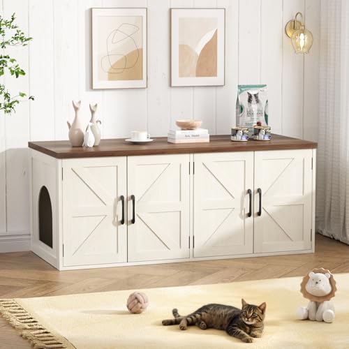 Halitaa Litter Box Enclosure for 2 Cats, Farmhouse Hidden Litter Box Furniture with Barn Doors, Large Double Room Cat House for Living Room, Washroom, Entryway Bench, 47.2'' x 19.7'' x 19.7'', White