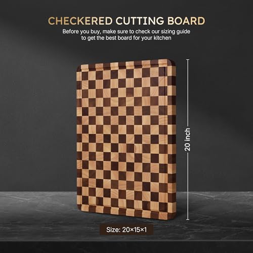 Image of Cutting Boards for Kitchen Checkered Cutting Board 20in Acacia Wood Charcuterie Board Serving Heavy Duty Non Toxic Slip Over Sink Butcher Block Wood Chopping Board with Juice Grooves Handles